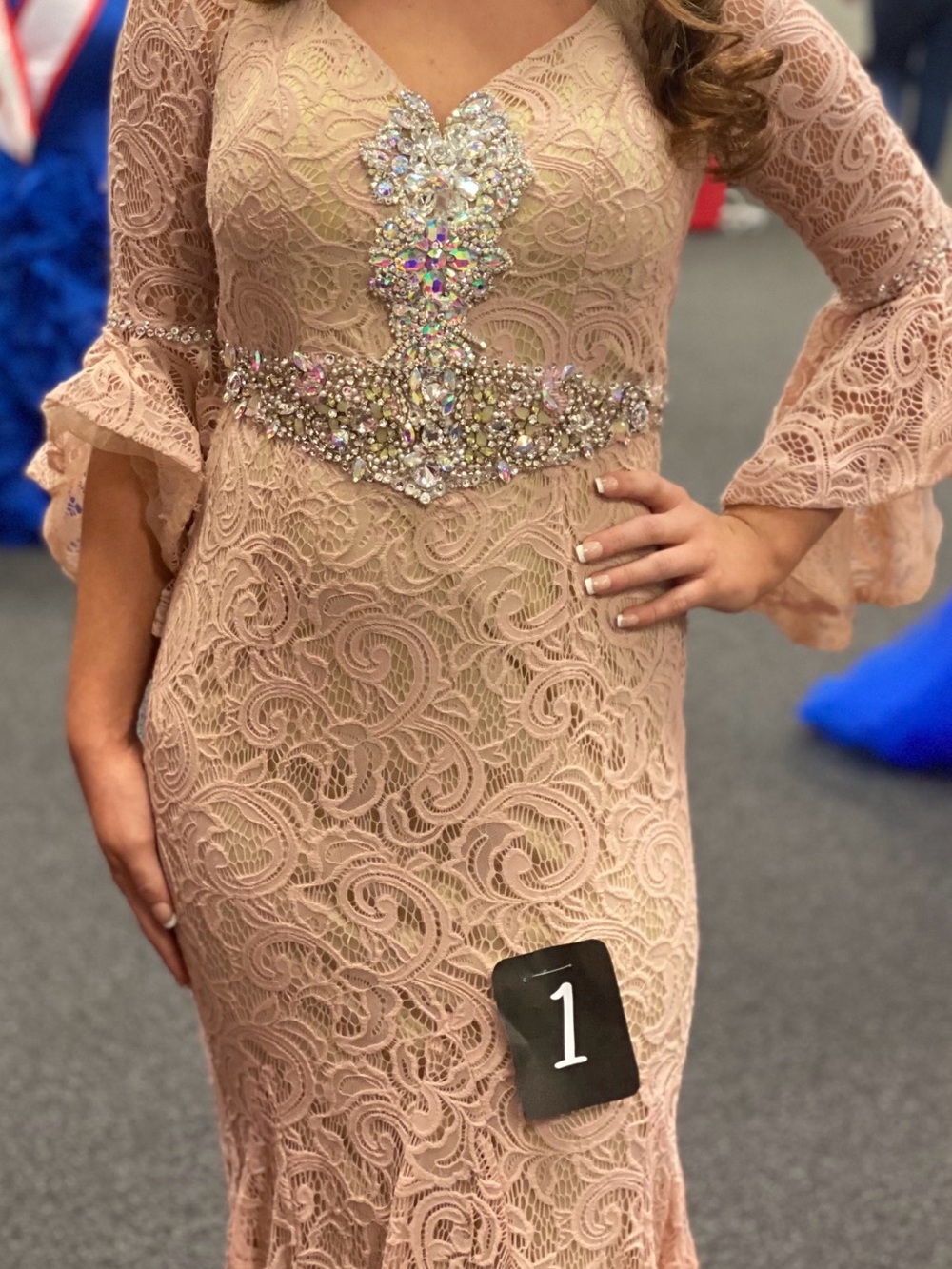 Mac Duggal Blush Lace Long Sleeve Gown with Crystal Embellished Waist